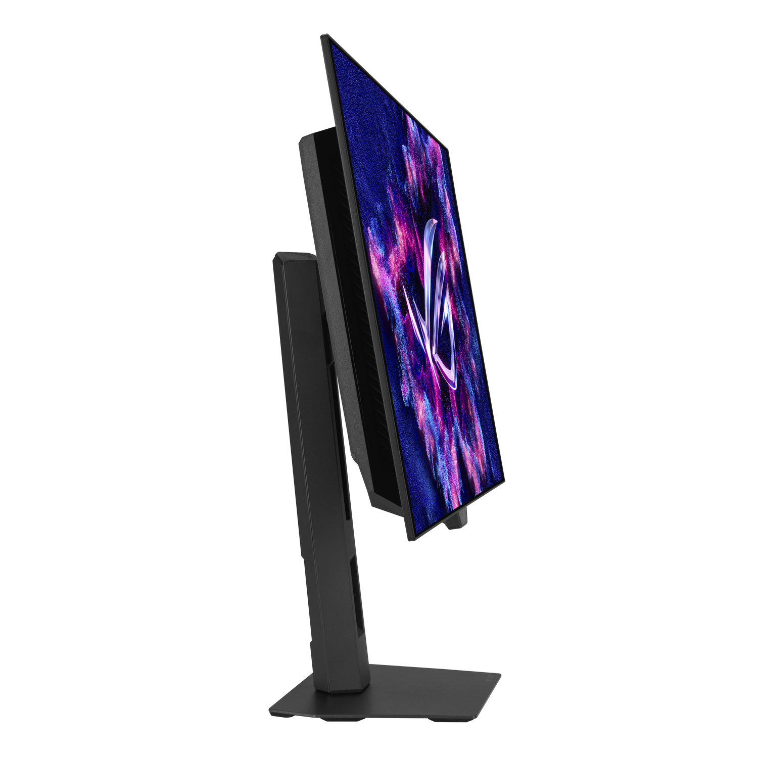 Un monitor negro con pantalla colorida muestra el logo ROG. Tiene un soporte negro resistente.