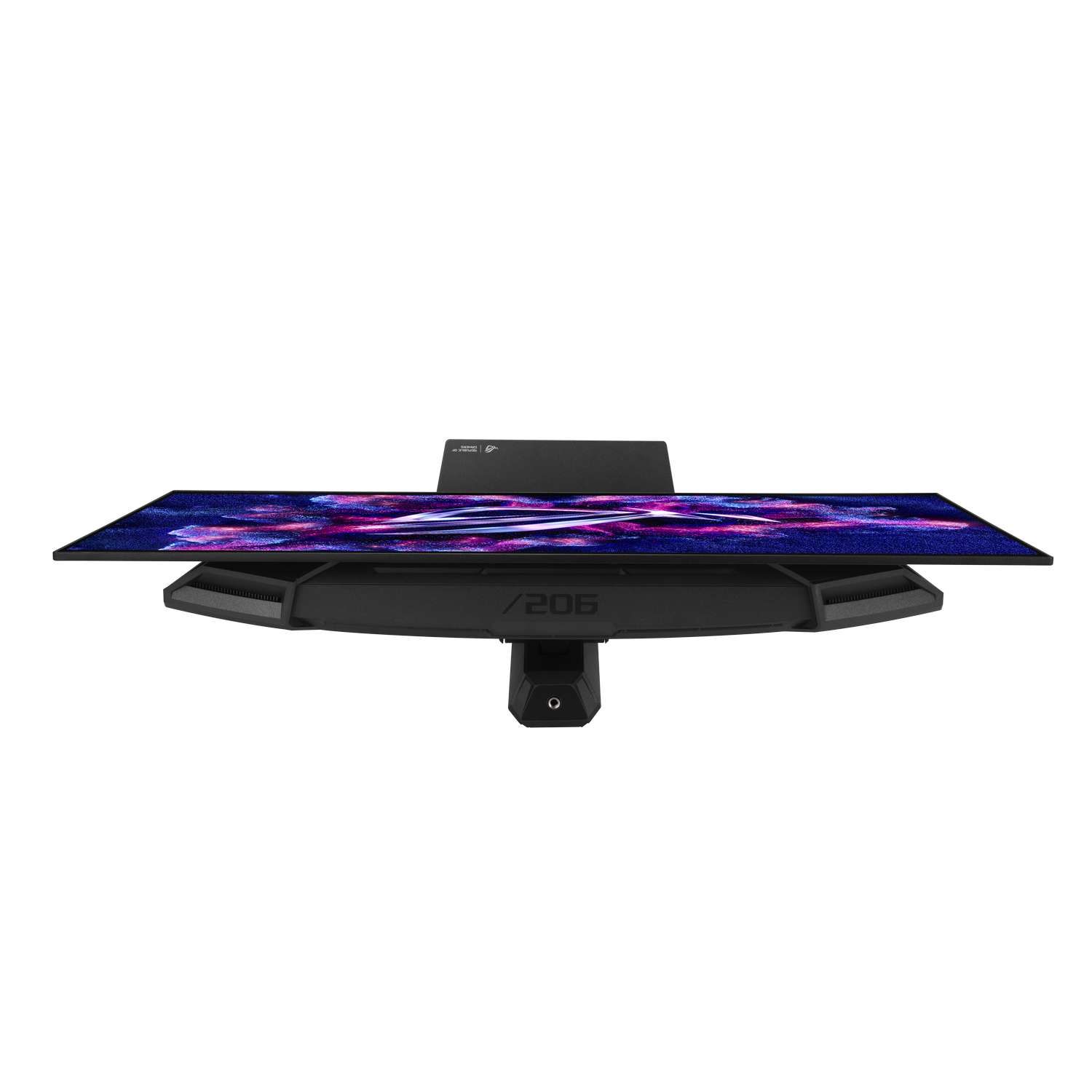 Un monitor negro con un vibrante fondo de pantalla abstracto morado y azul.