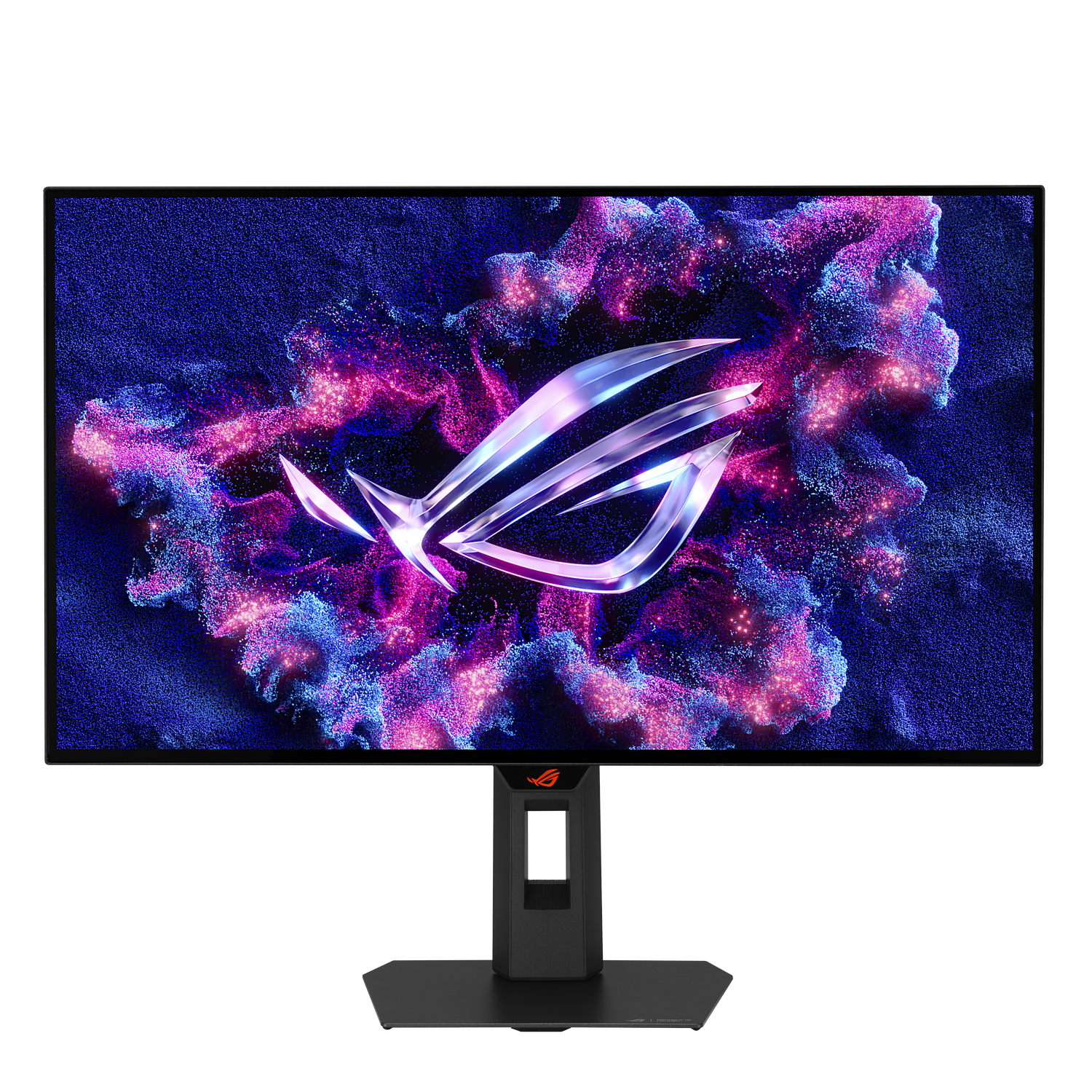 Un monitor negro que muestra el logo de ROG contra un fondo de polvo azul y rosa arremolinado.