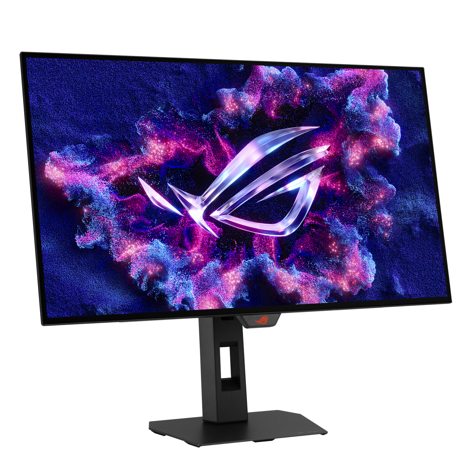 Un monitor con un logo brillante sobre un fondo de partículas azules y moradas.