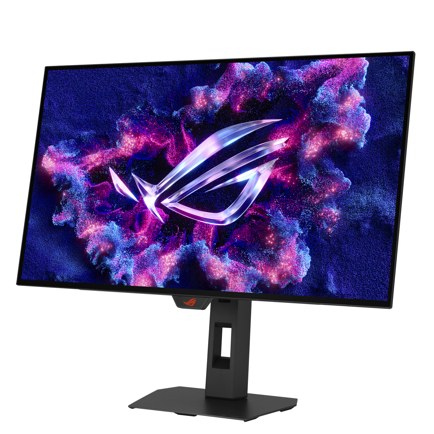 Un elegante monitor muestra una nebulosa abstracta con el logo ROG en el centro.