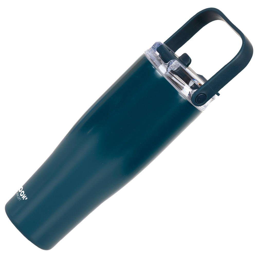 Termo verde oscuro con asa oscura y tapa transparente. Logo visible.