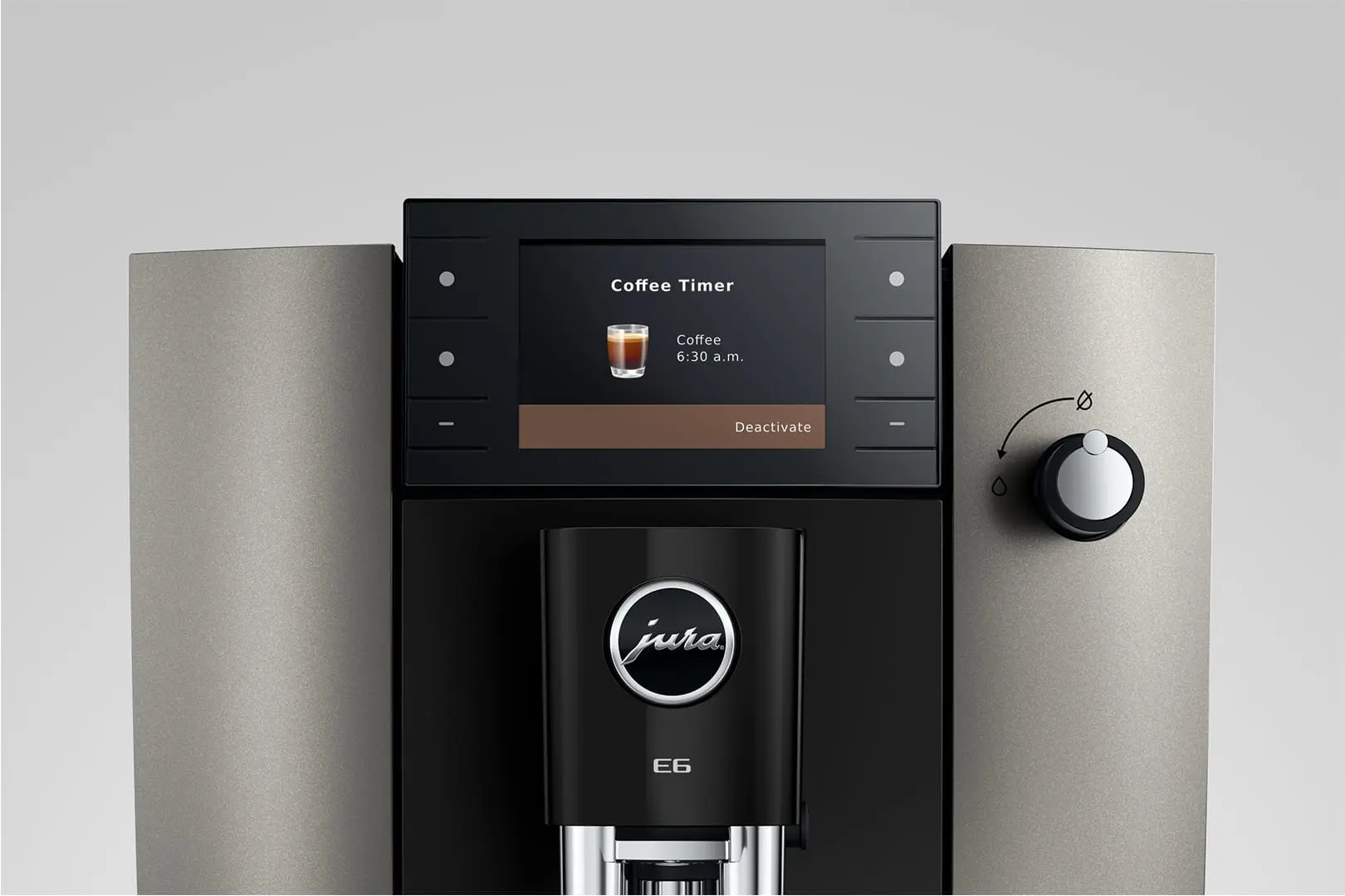 Macchina da caffè con touchscreen che mostra timer caffè. Una manopola a destra.