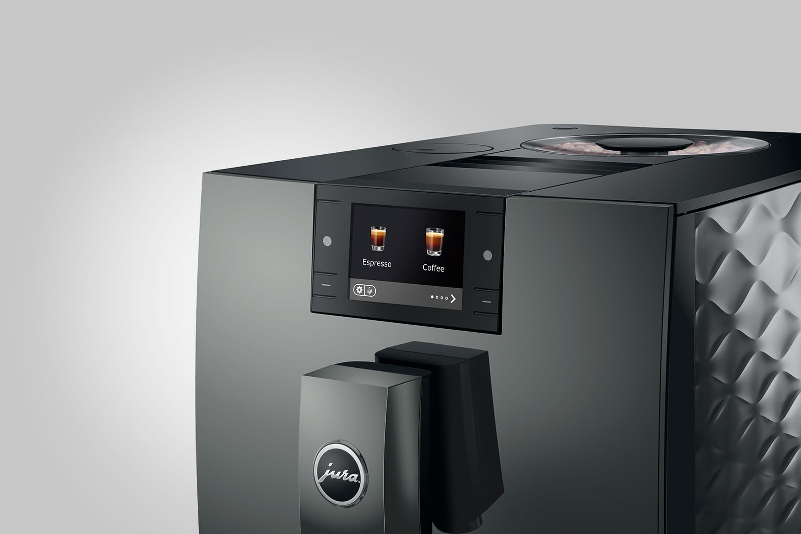Macchina da caffè moderna con touchscreen, mostra espresso e caffè.