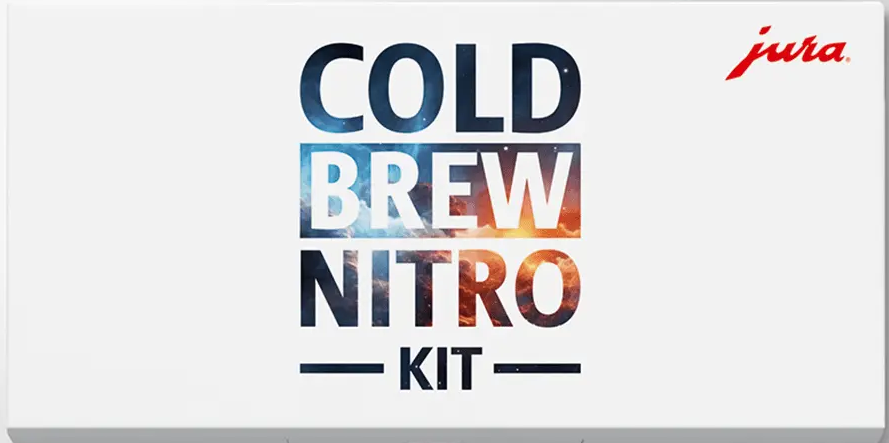 Scatola Jura Cold Brew Nitro Kit con logo. Testo scuro con motivo spaziale/cielo.