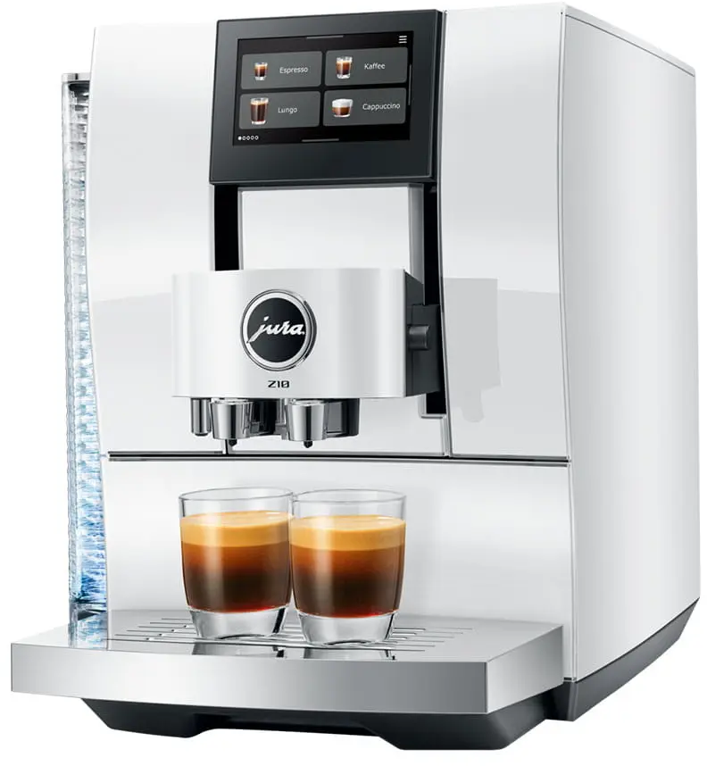 Macchina da caffè bianca con due bicchieri di espresso e display touchscreen.