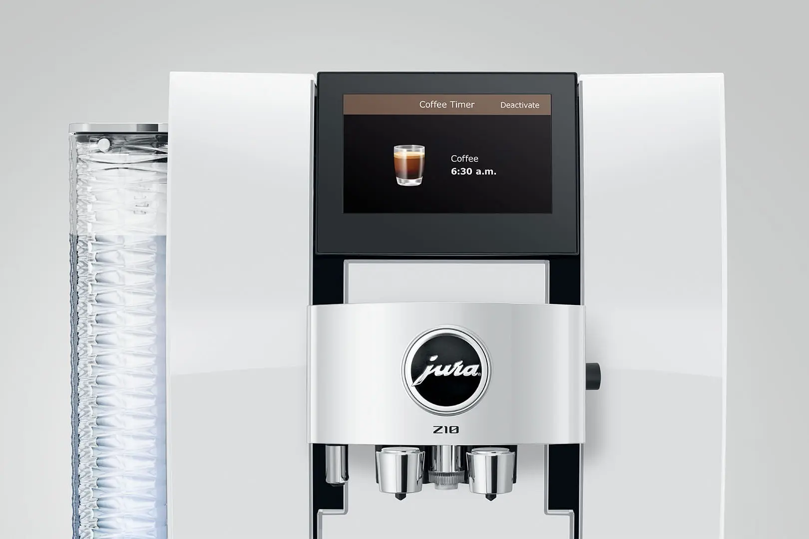 Una macchina da caffè bianca con schermo che mostra "Coffee 6:30 a.m."