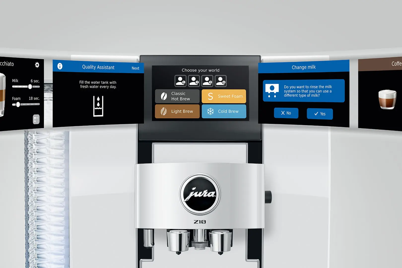 Display macchina caffè: Assistente Qualità, Scegli il tuo mondo, Cambia latte, icone tazzina.