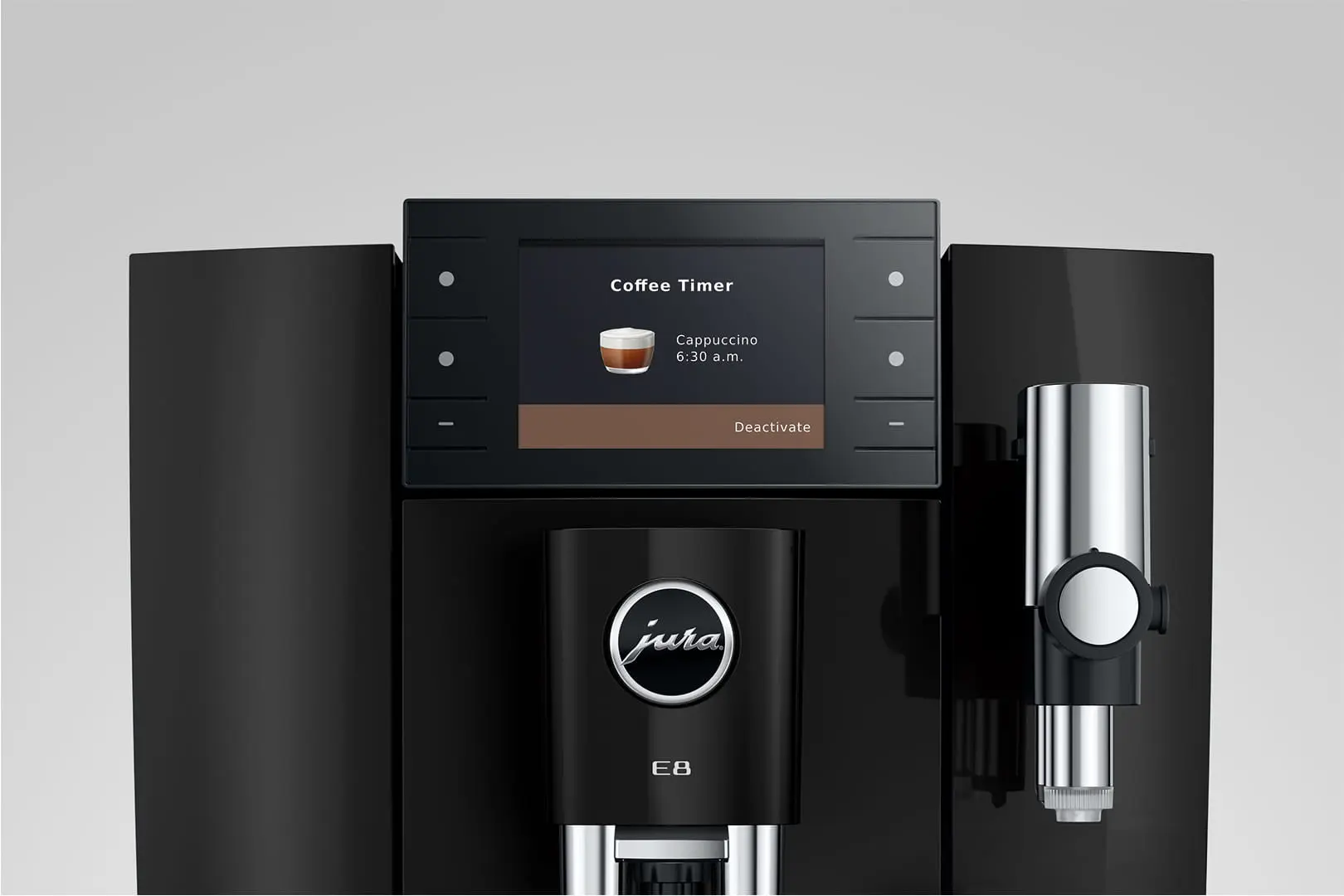 Macchina da caffè nera con schermo che mostra un cappuccino alle 6:30.
