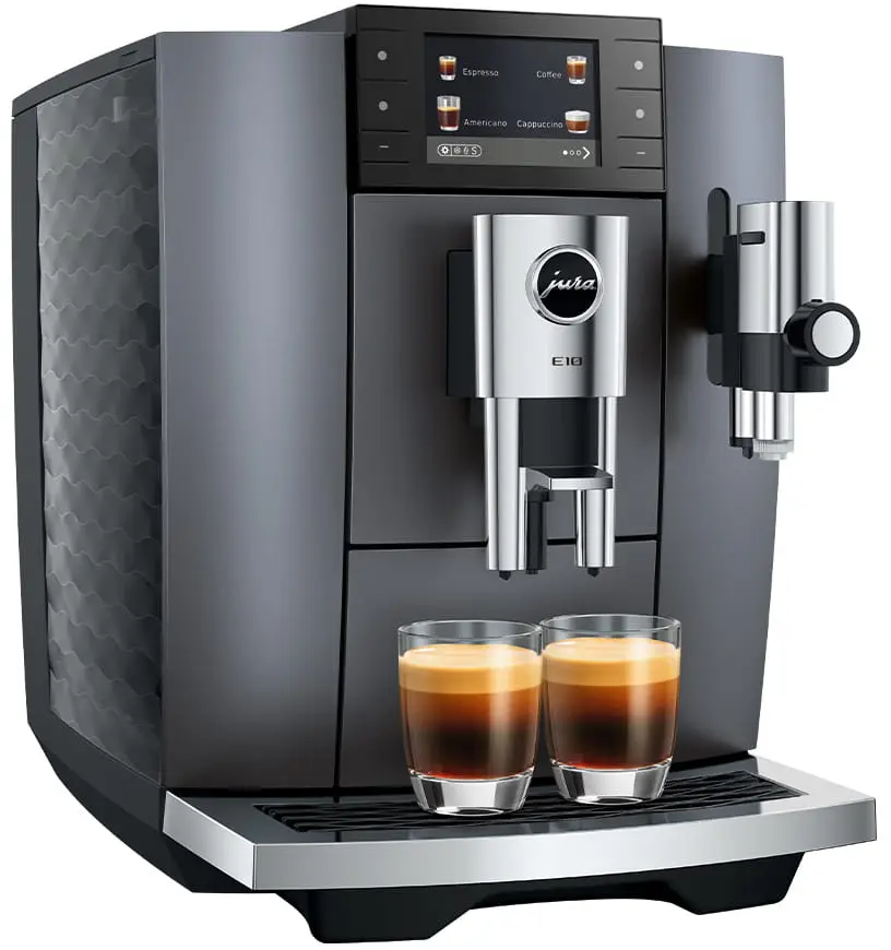 Macchina da caffè Jura grigia con due bicchieri di espresso sulla vaschetta.