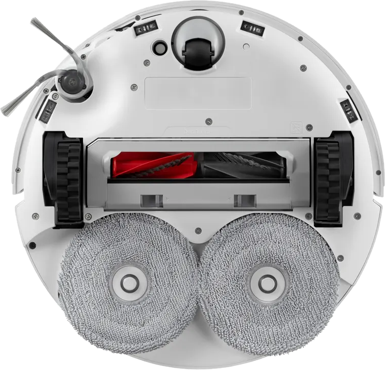 Vue inférieure d'un aspirateur robot blanc avec double serpillière rotative, brosse centrale et brosses latérales.