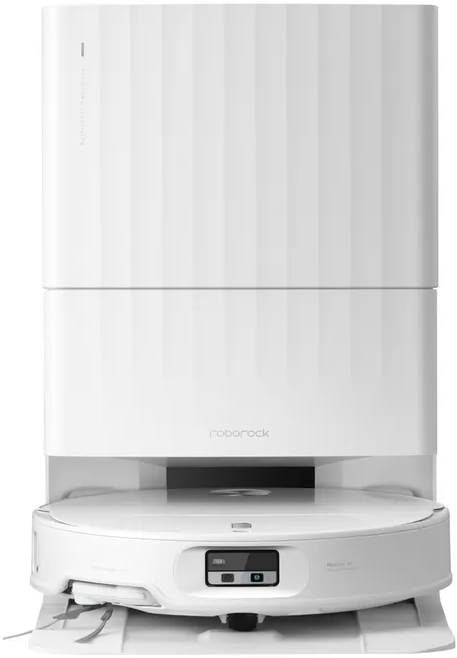 Un aspirateur robot blanc avec station de charge. Le robot a des brosses à l'avant.