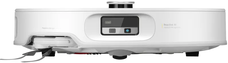 Aspirateur robot blanc avec capteurs et brosses sur fond blanc.