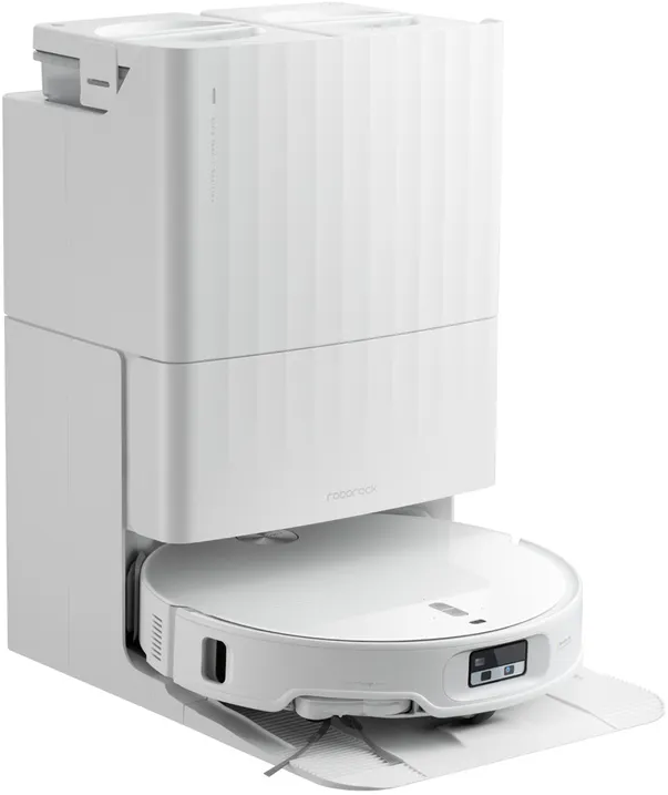 Un aspirateur robot blanc avec une station de charge et un bac à poussière.