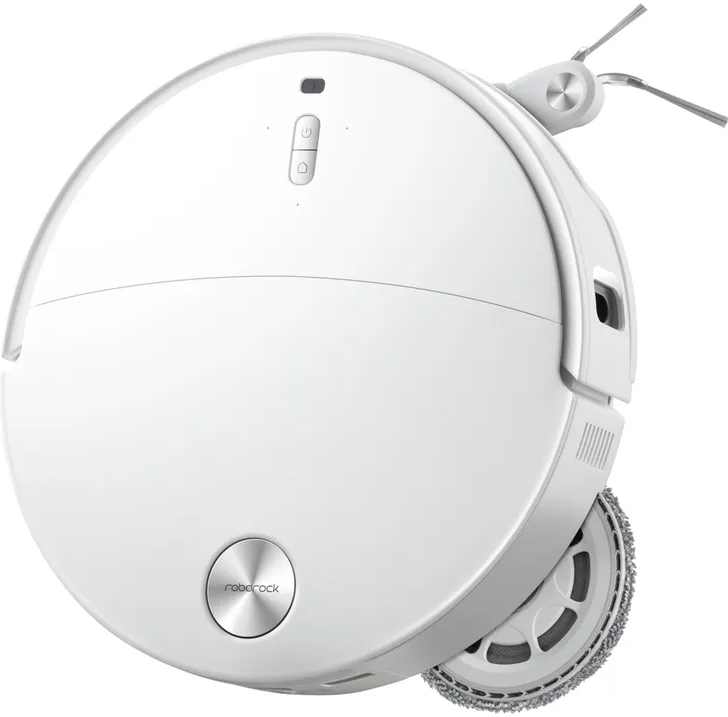 Un aspirateur robot blanc avec deux brosses latérales et un module de lavage.