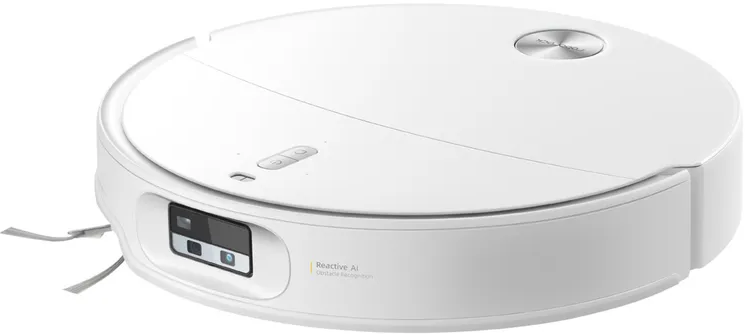 Un aspirateur robot blanc avec caméra frontale et capteurs.