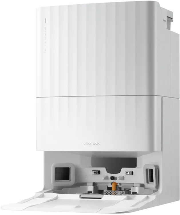 Un aspirateur robot blanc avec station de charge et compartiment ouvert.