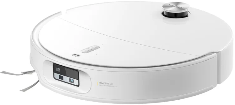 Un aspirateur robot blanc avec capteurs et brosses.