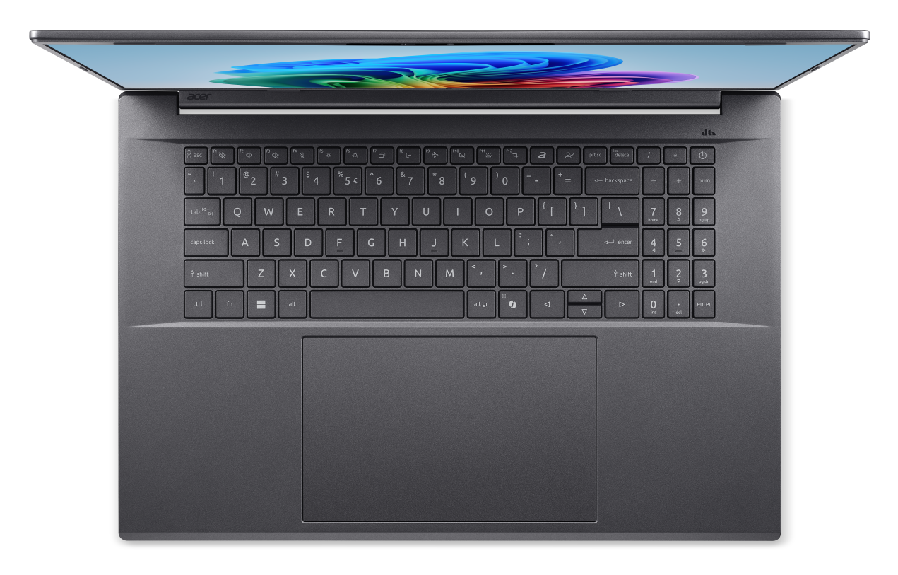 Widok z góry otwartego, ciemnoszarego laptopa Acer z kolorową tapetą.