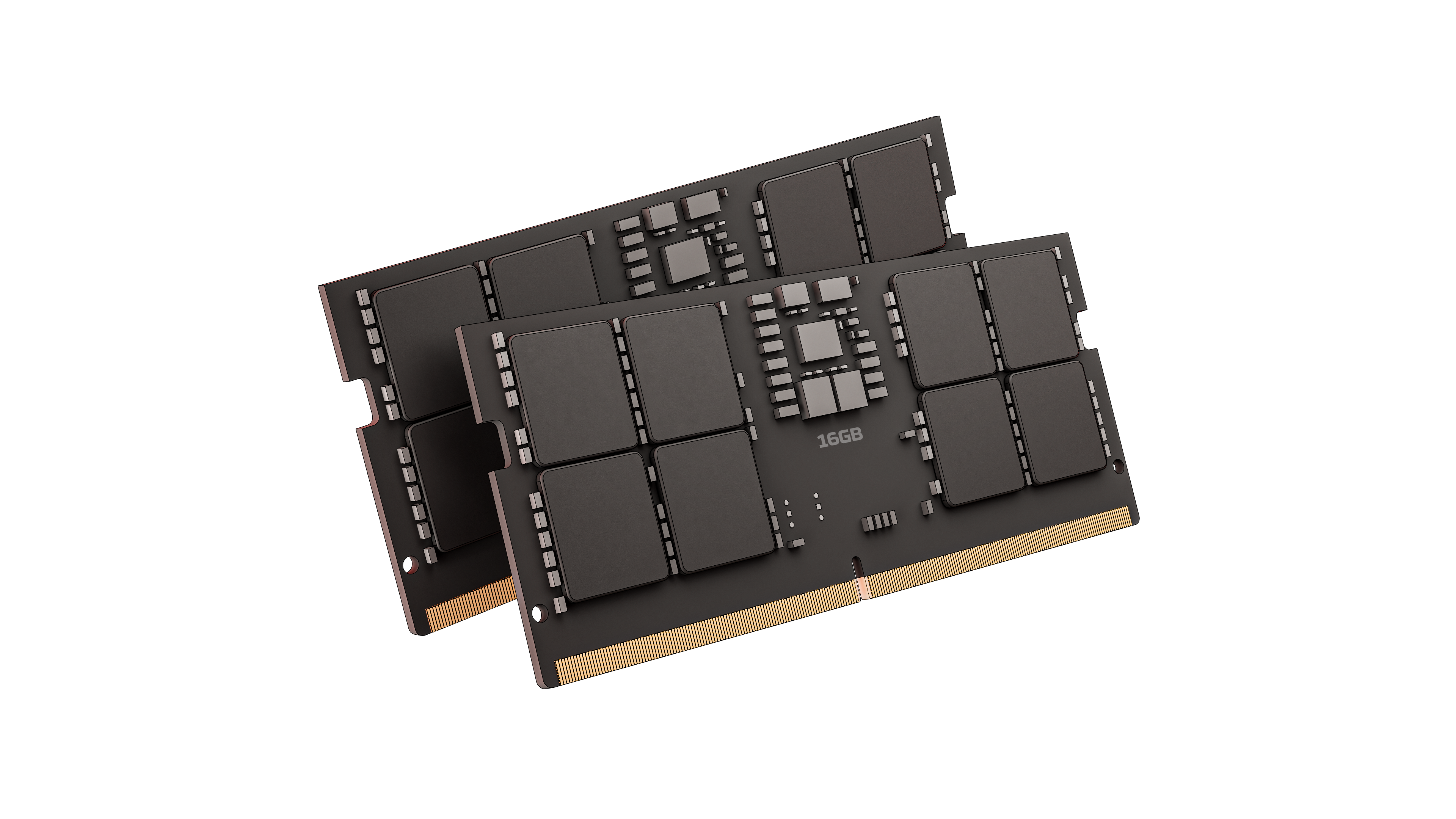Dwa czarne moduły RAM 16 GB ze złotymi stykami na czarnym tle.