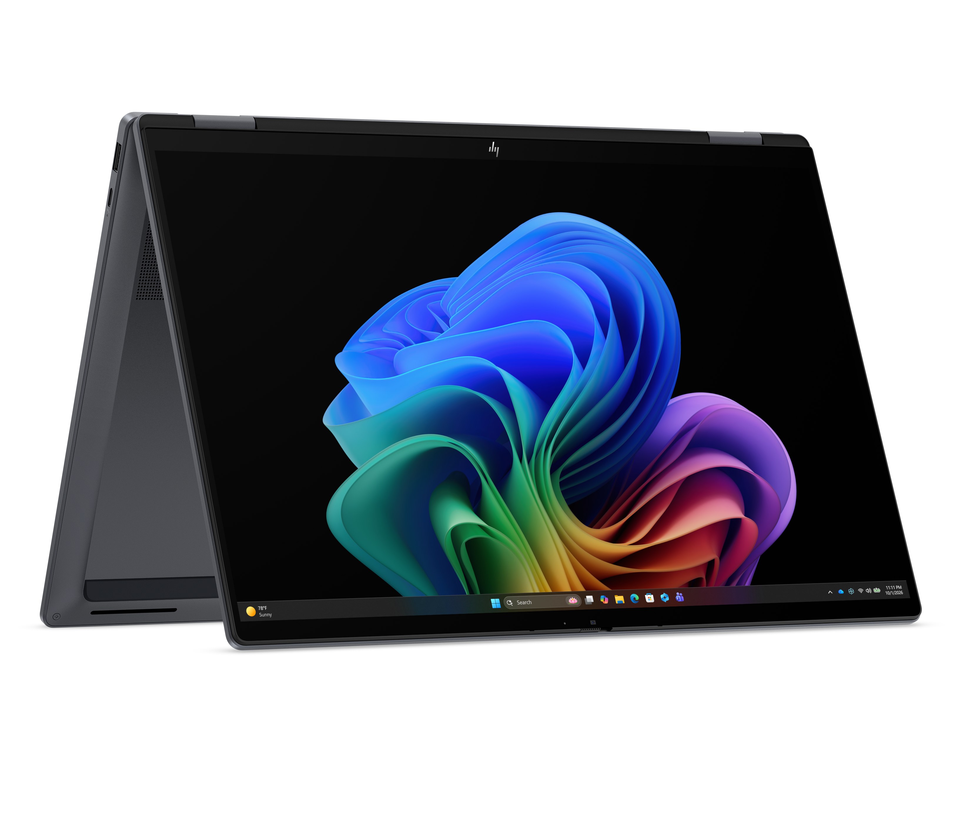 Ein dunkler Laptop mit einem farbenfrohen, abstrakten Hintergrund auf dem Bildschirm.