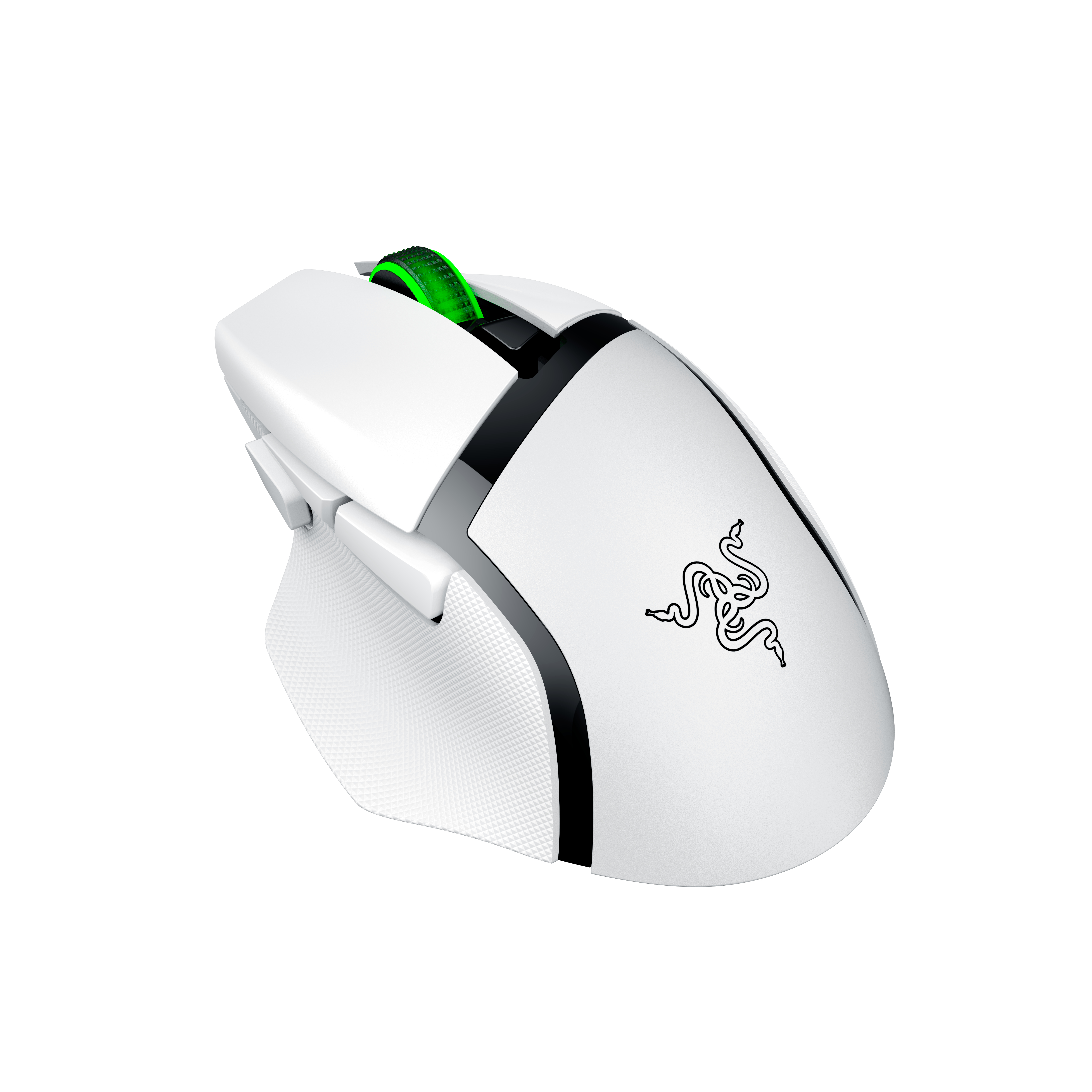 Weiße Gaming-Maus mit grünem Mausrad und Razer-Logo.
