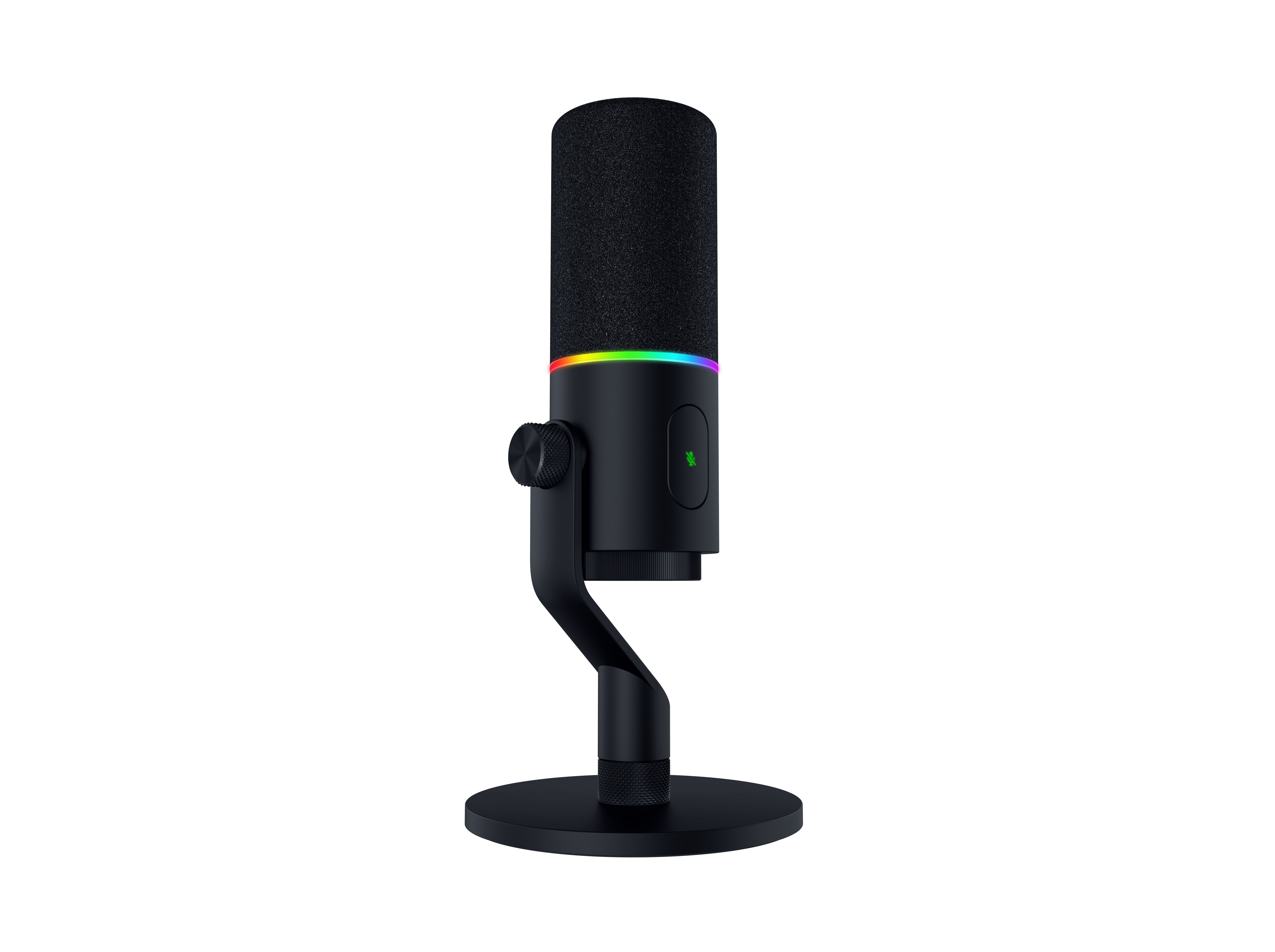 Schwarzes Mikrofon mit RGB-Beleuchtung und Mute-Taste auf einem Ständer.