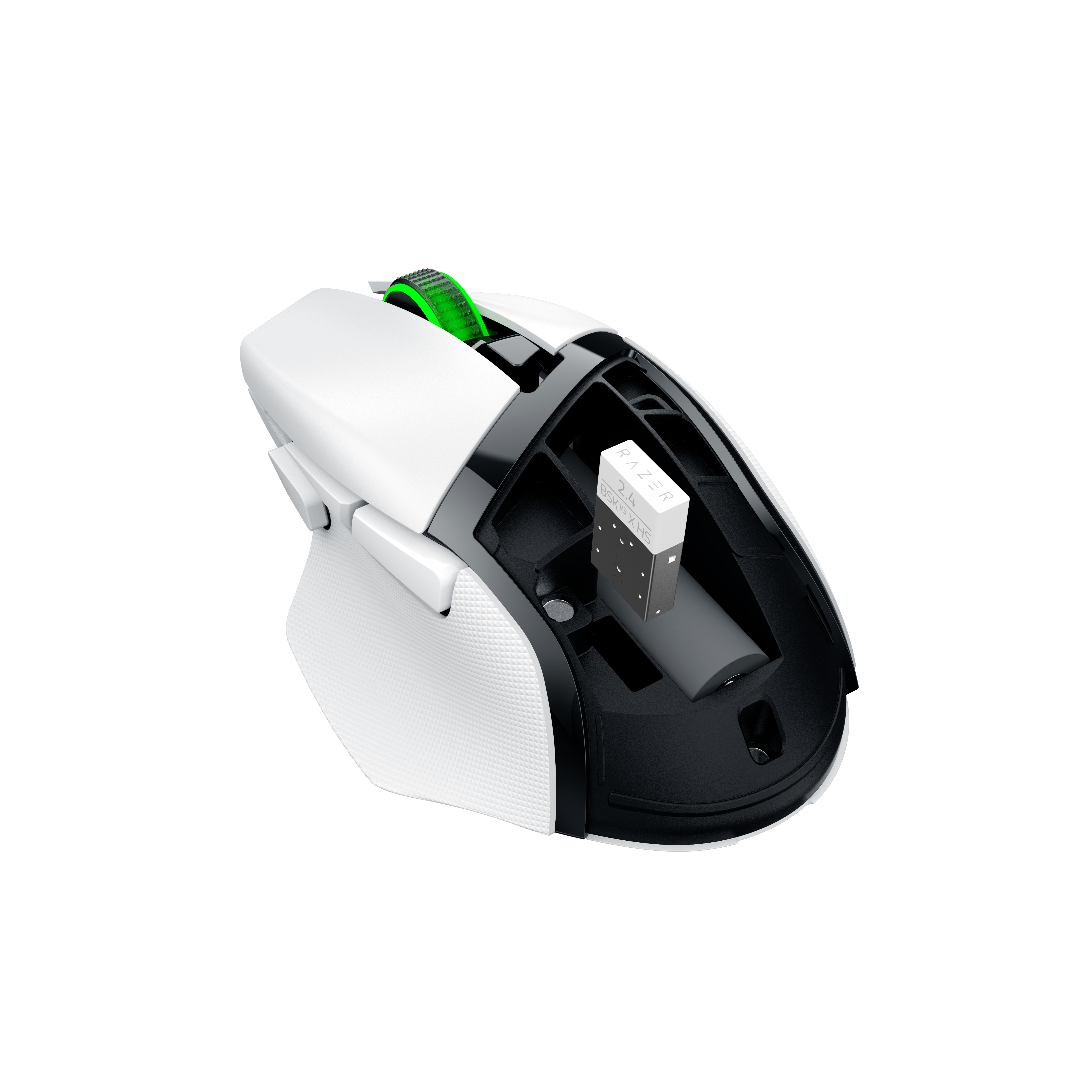 Ein weißer Gaming-Maus mit grünem Scrollrad und USB-Dongle.