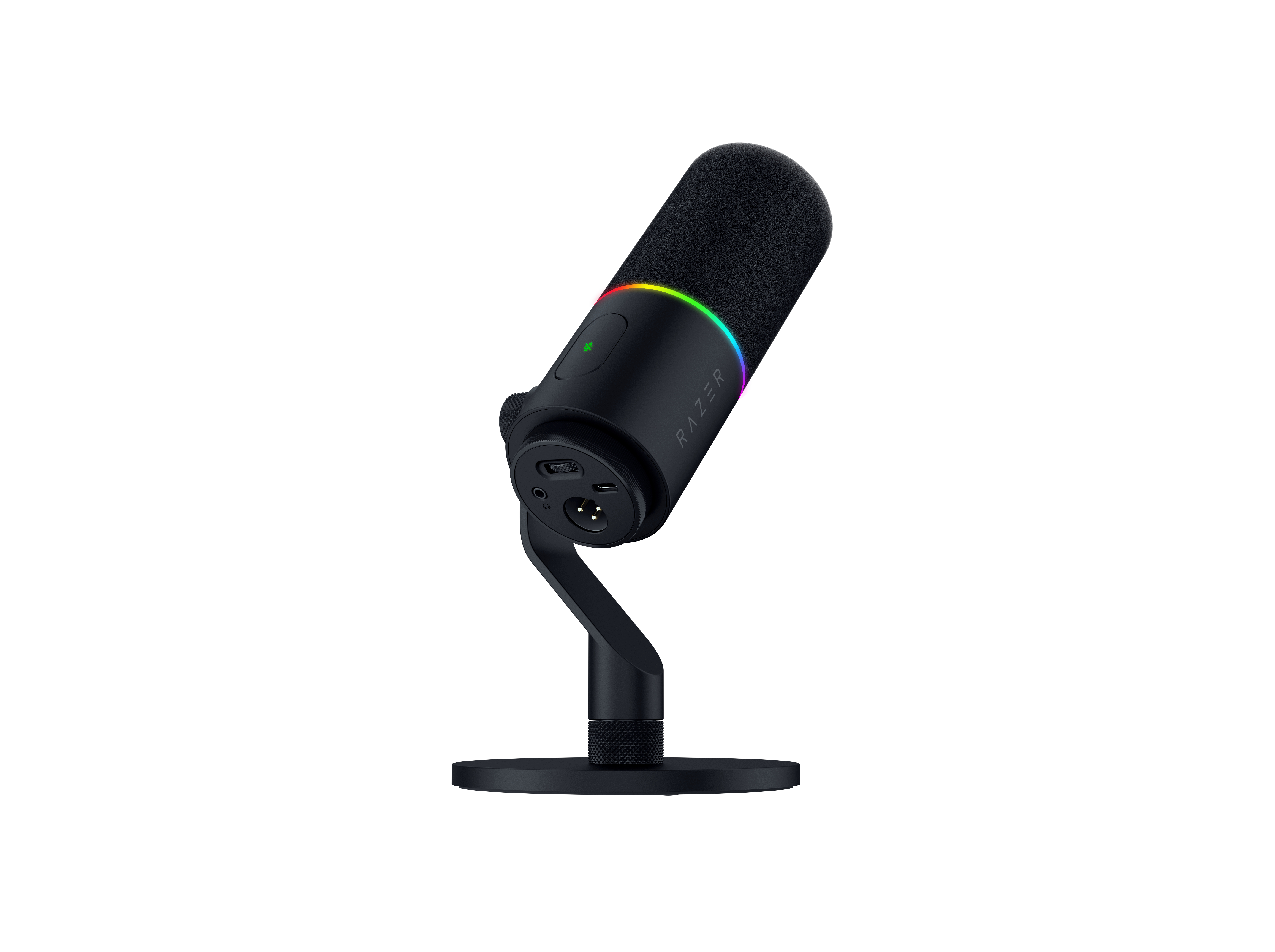 Schwarzes Razer Mikrofon mit RGB-Beleuchtung und Ständer auf weißem Hintergrund.