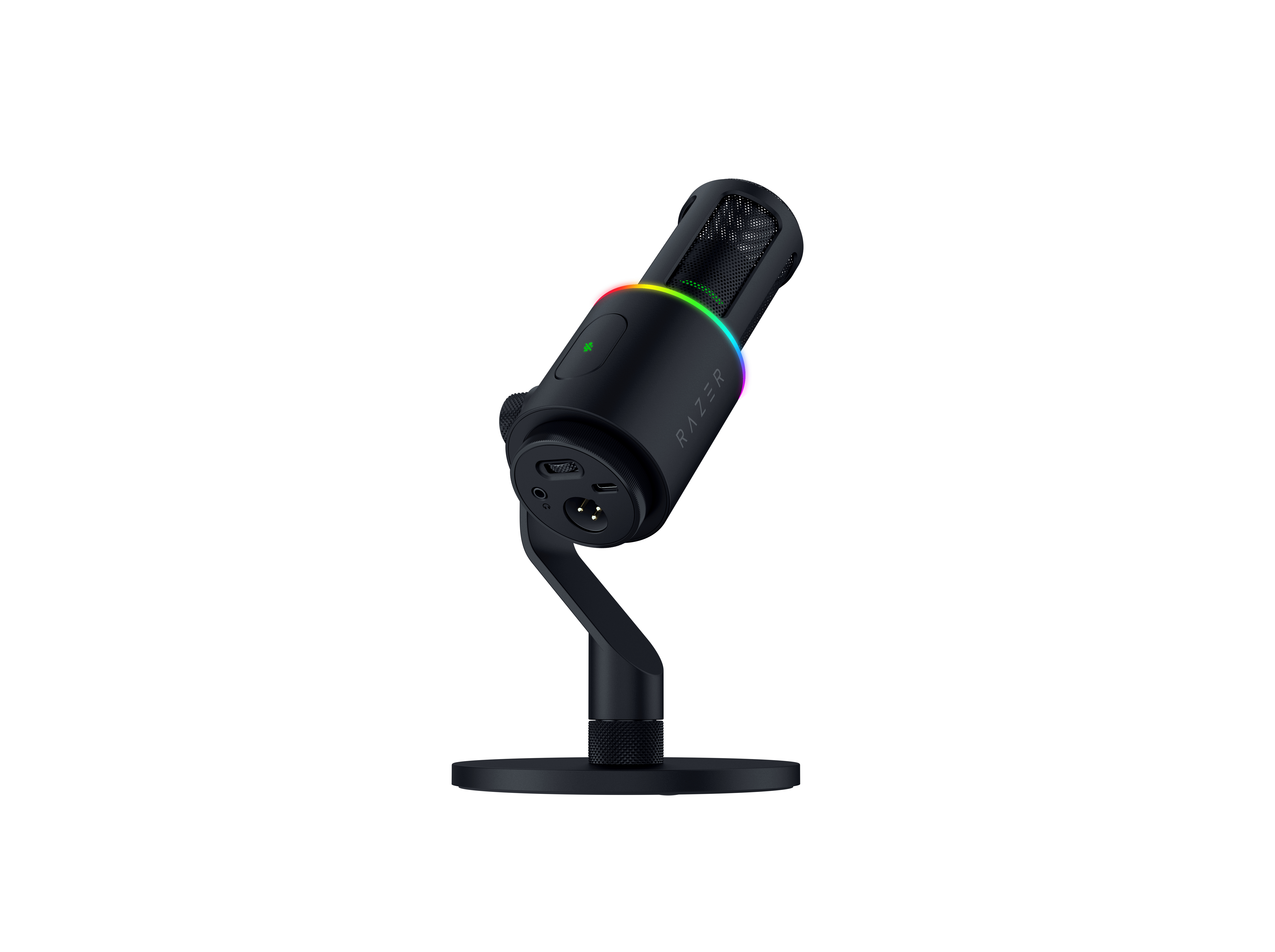 Schwarzes Mikrofon mit Razer-Logo und RGB-Beleuchtung auf Ständer.