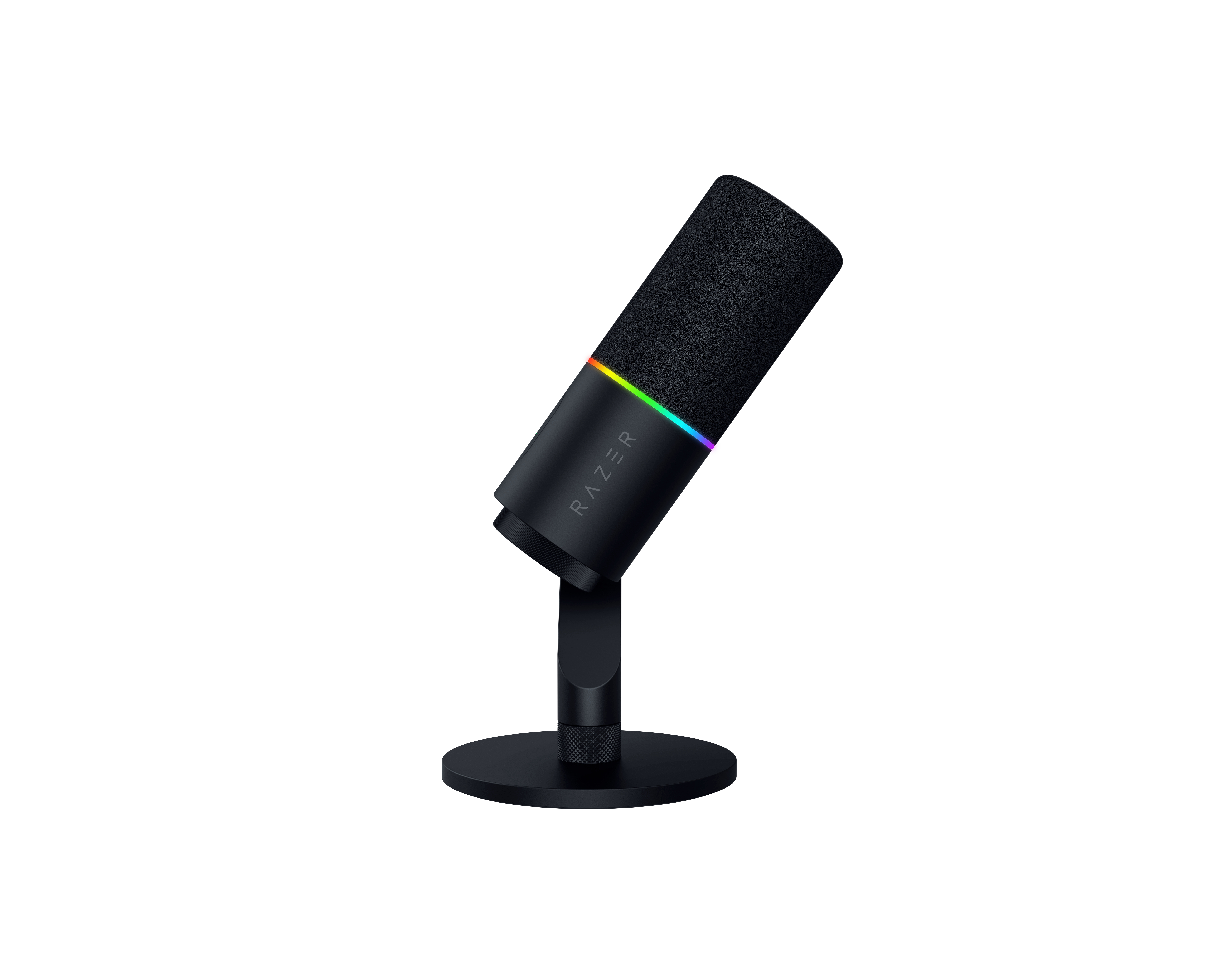 Schwarzes Razer Mikrofon mit RGB-Beleuchtung auf einem runden Fuß.