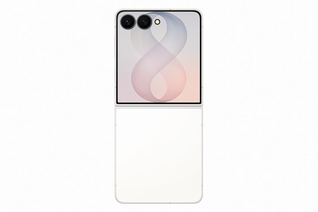 Ein aufgeklapptes Smartphone mit zwei Kameras und einem achtförmigen Muster.