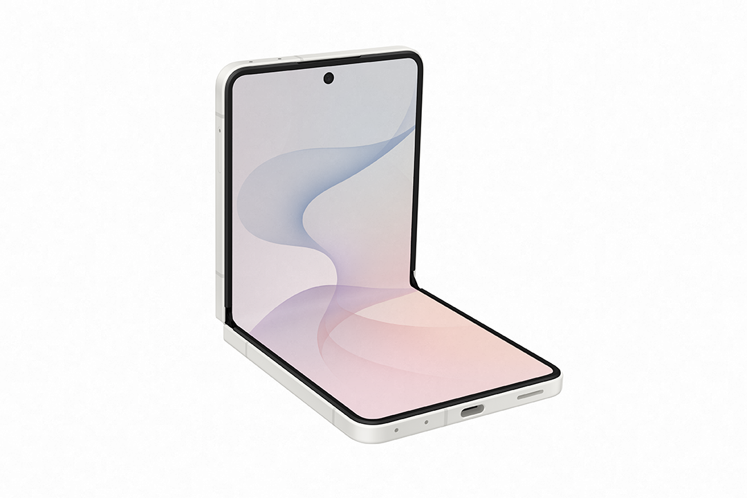 Ein offenes, weißes Smartphone mit schwarzem Rahmen und einem Wellenmuster auf dem Bildschirm.