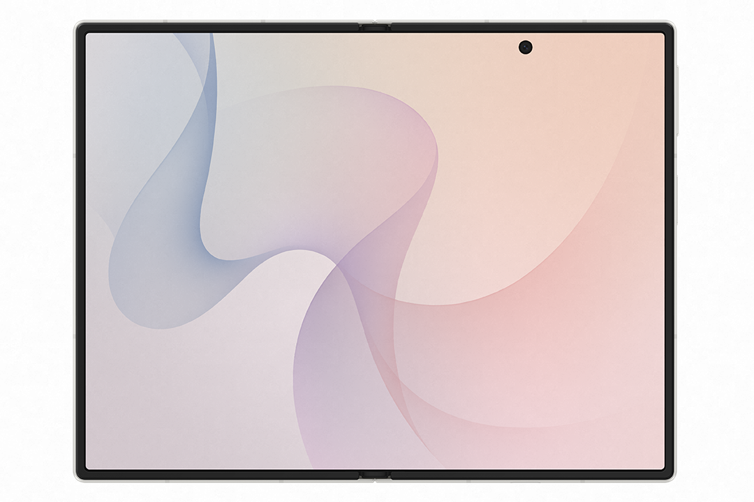 Egy tablet világoslila és rózsaszín absztrakt hullám háttérrel és előlapi kamerával.