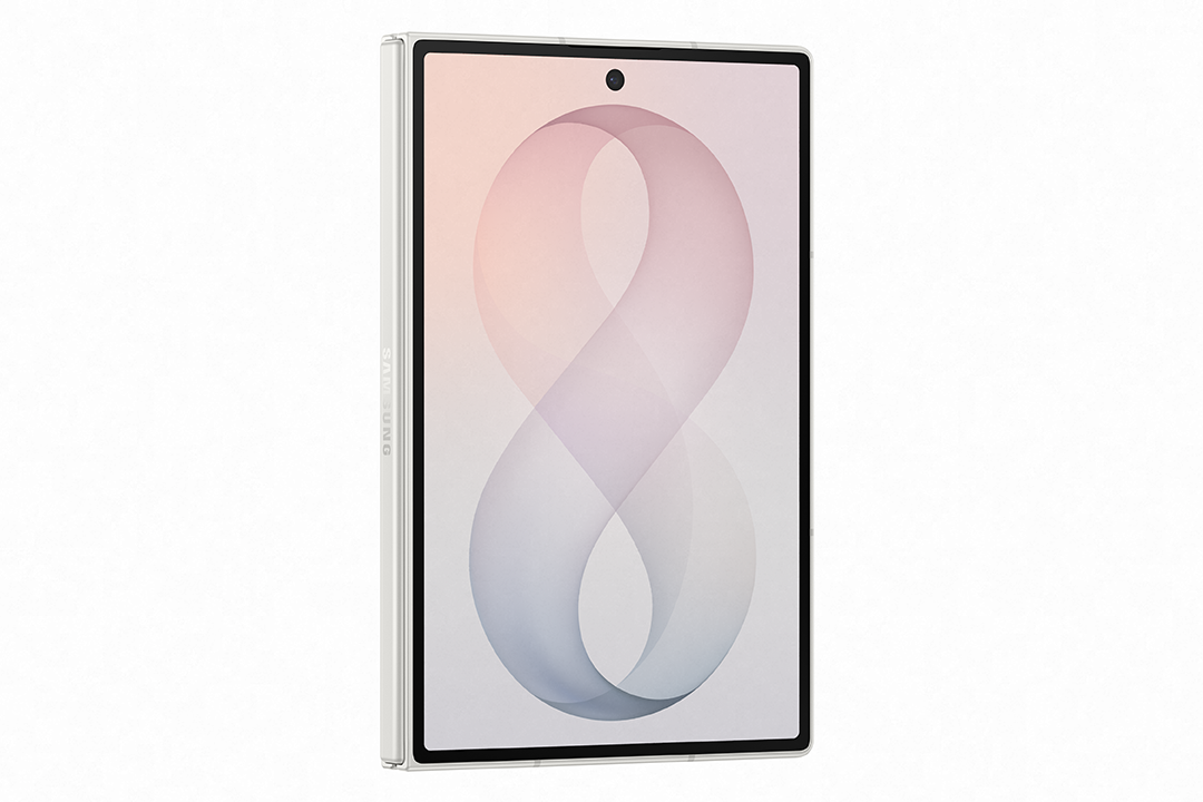 Ezüst Samsung táblagép végtelen jel grafikával a képernyőn.