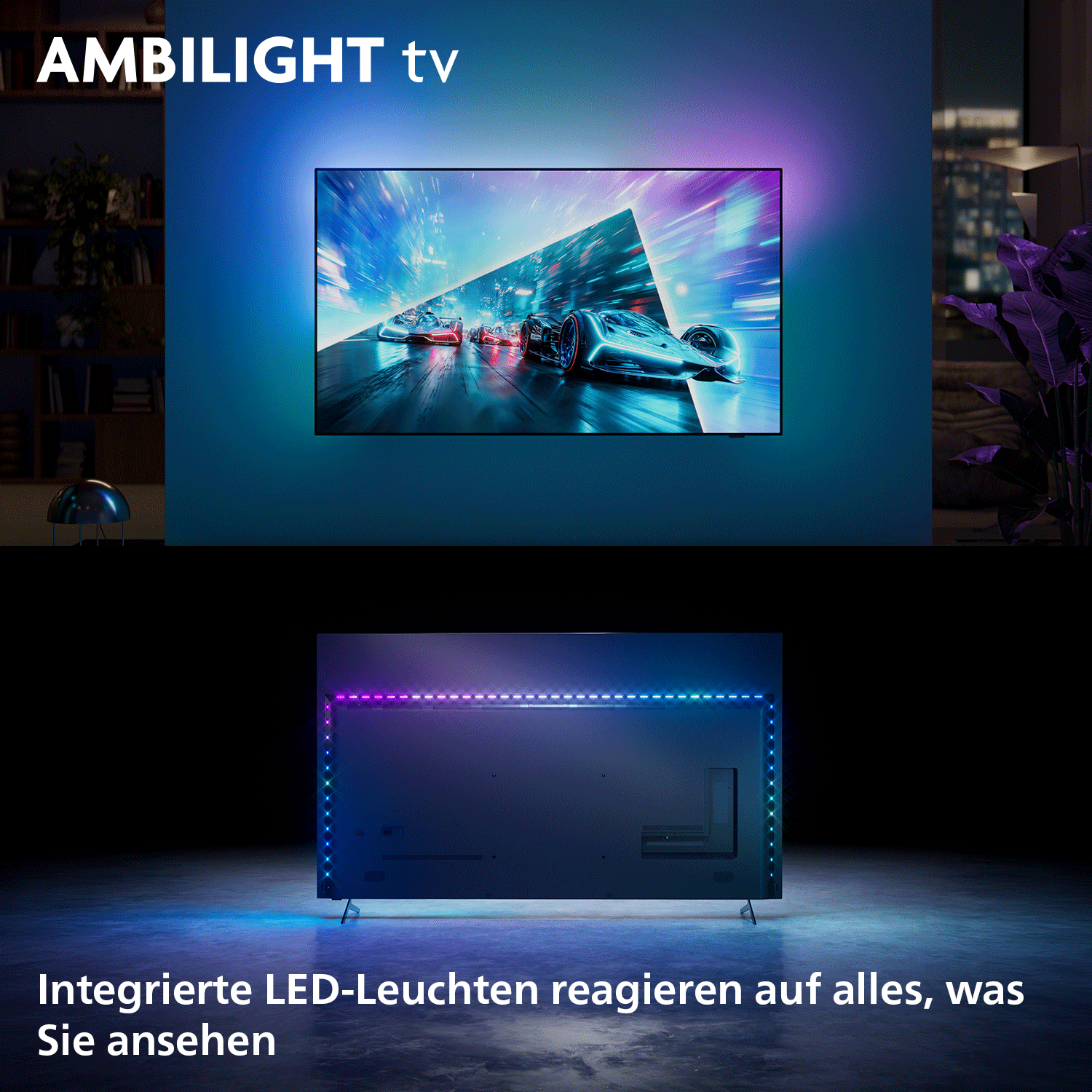 Ein moderner Fernseher mit Ambilight-Beleuchtung, der Rennwagen zeigt. Unten ist die Rückseite.