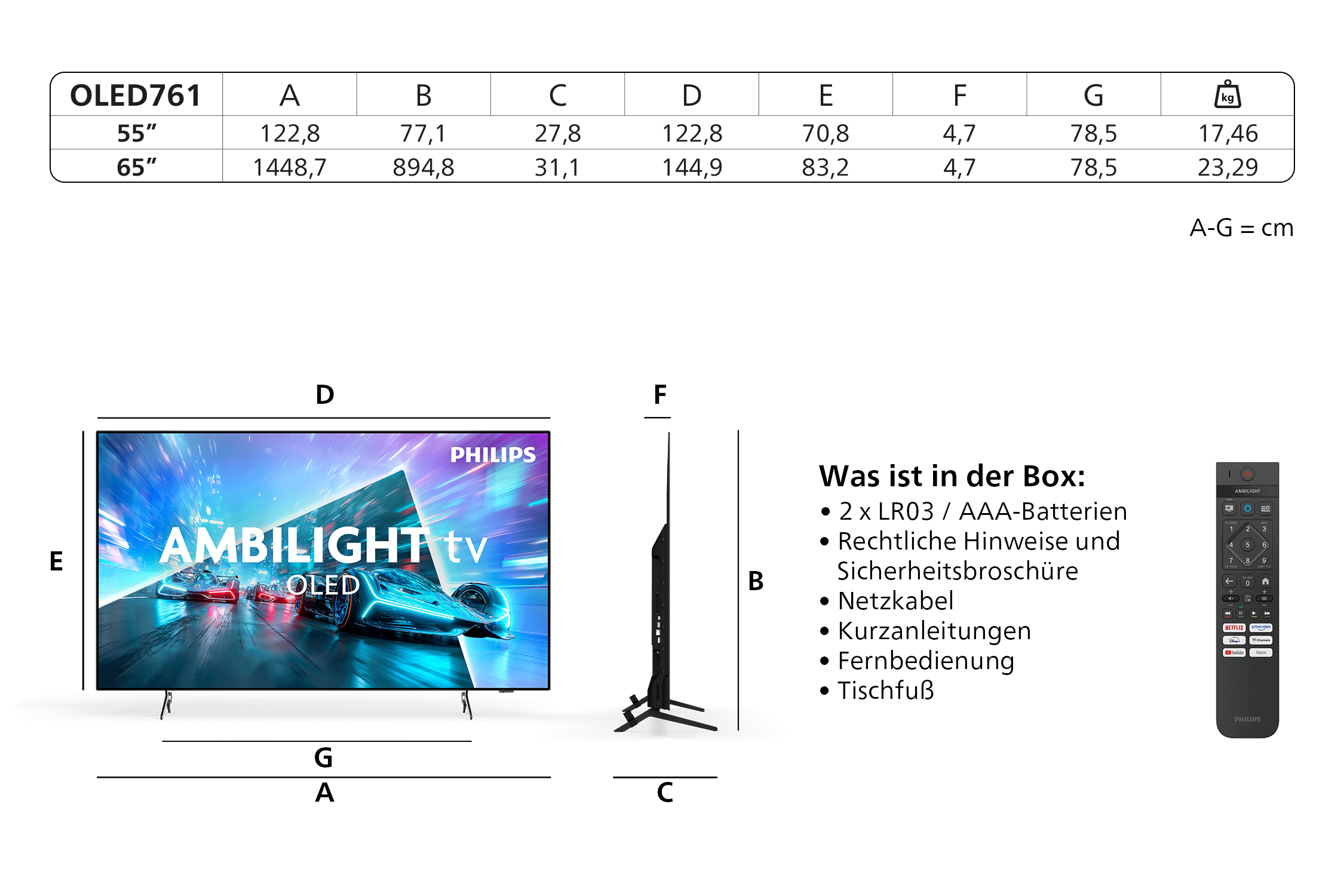 Tabelle mit TV-Maßen und Inhaltsliste. Fernseher, Ständer, Fernbedienung, Kabel.