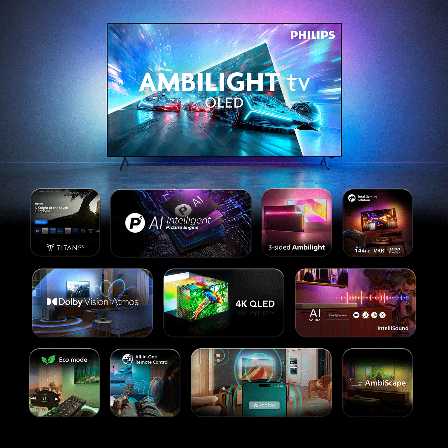 Ein Philips Ambilight OLED TV mit KI-Bildengine, 3-seitigem Ambilight, Dolby Vision, 4K QLED, KI-Sound und AmbiScape.