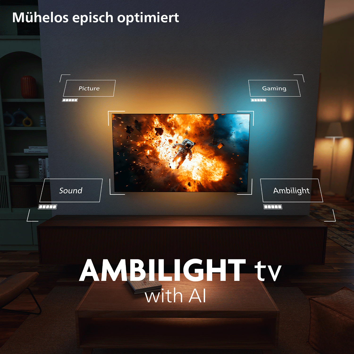 Ein Ambilight TV mit KI im Wohnzimmer, zeigt einen Astronauten im Weltraum.