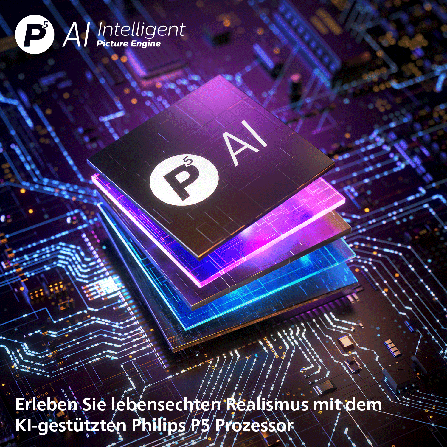 Abstrakte Darstellung eines KI-Chips auf einer Leiterplatte mit lila und blauen Lichtern.