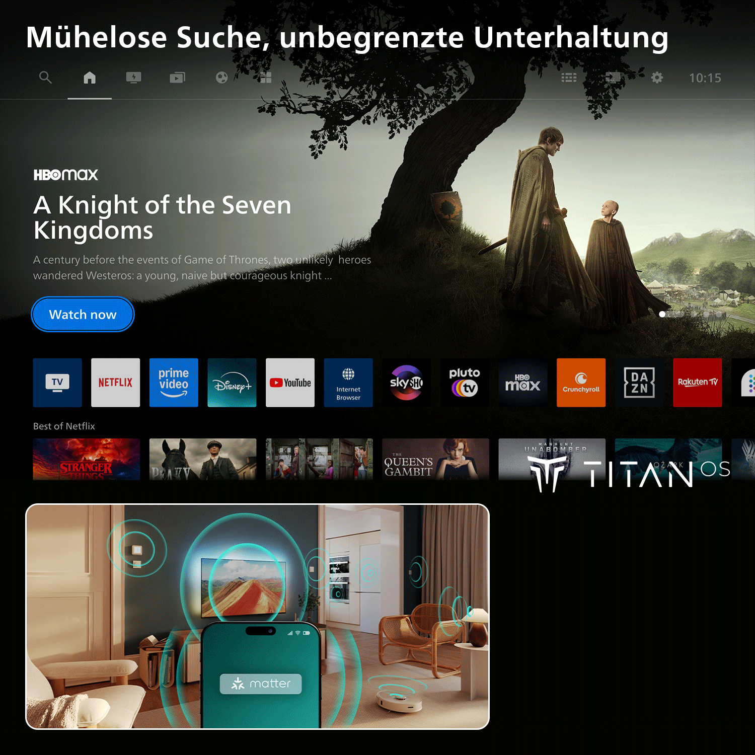 Startbildschirm mit Filmwerbung, App-Symbolen und Smart-Home-Vorschau.