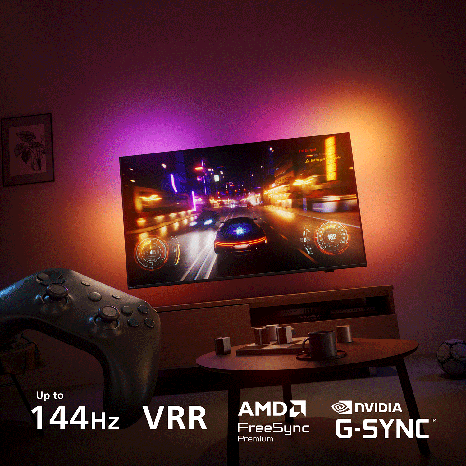 Ein dunkler Raum mit einem großen Fernseher, der ein Rennspiel zeigt. Ein Controller liegt daneben.
