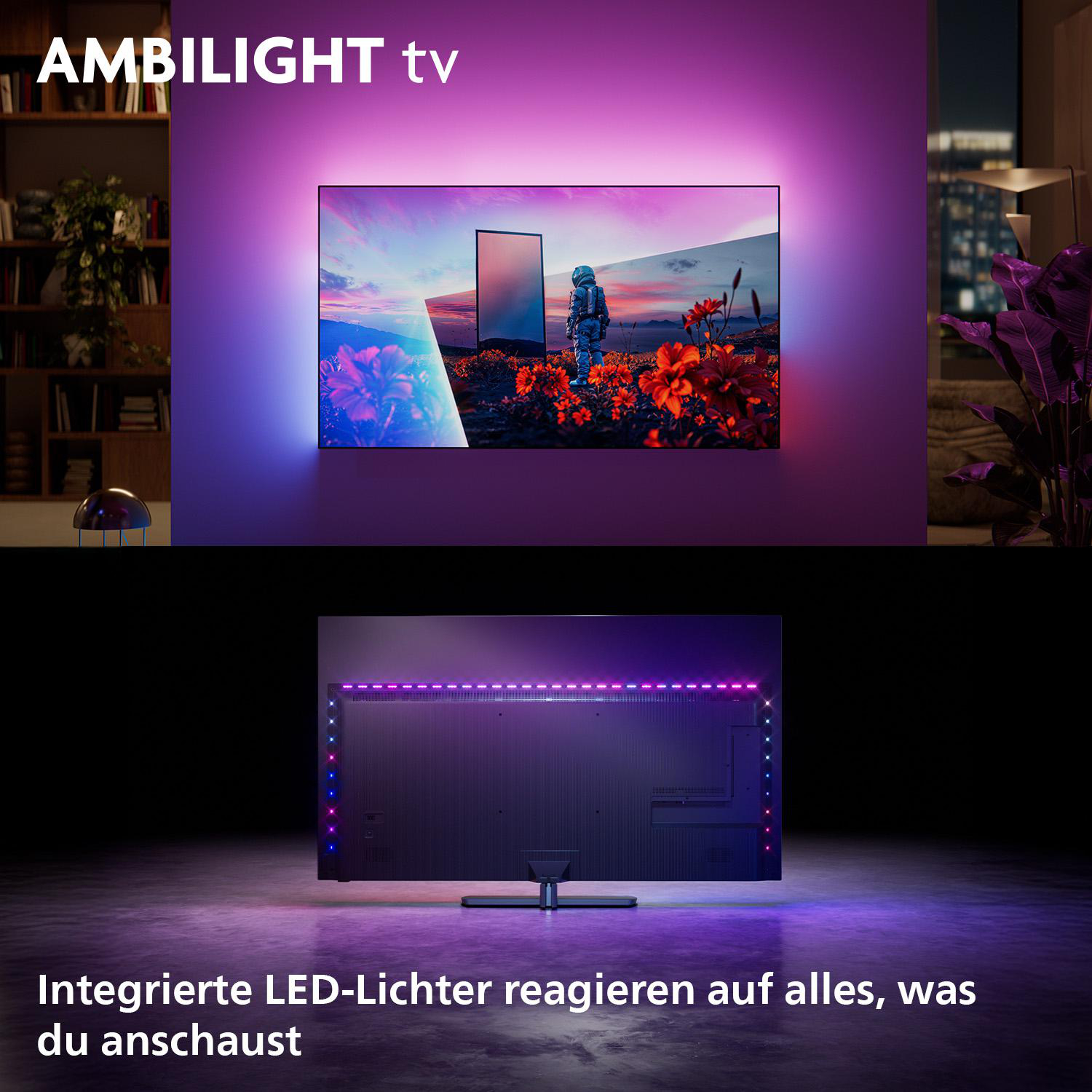 Ein moderner Fernseher mit Ambilight-Beleuchtung, der sich an die Wand und den Boden erstreckt.