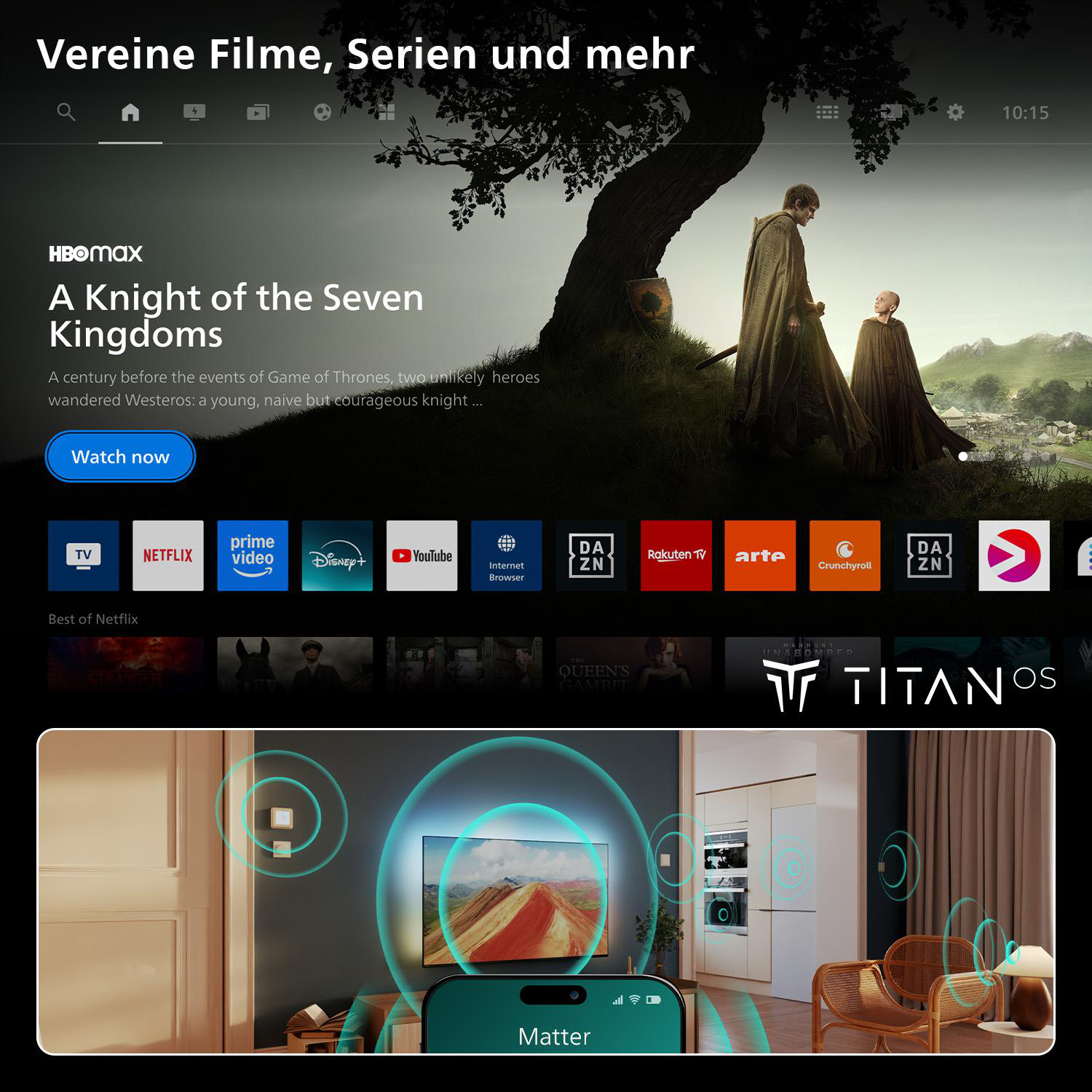 HBOmax-Startseite mit Filmwerbung, App-Icons und Smart-Home-Darstellung.