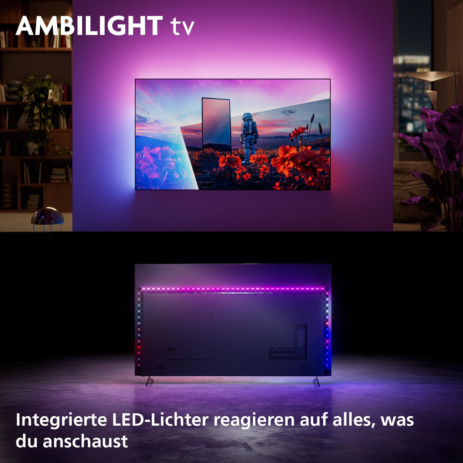 Ein Fernseher zeigt eine lebendige Szene mit einem Astronauten. Die Rückseite des Fernsehers hat bunte LED-Lichter.