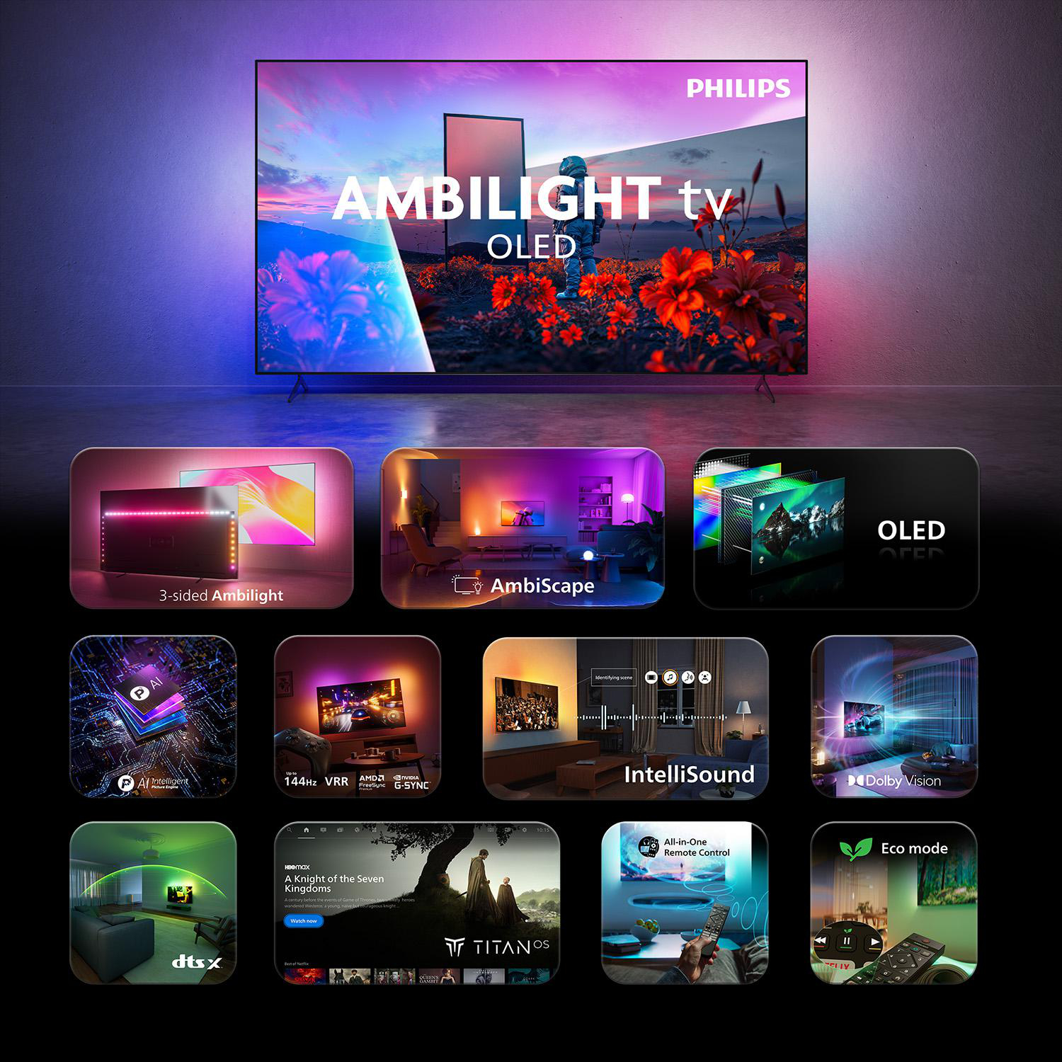 Philips Ambilight OLED TV mit verschiedenen Funktionen wie 3-seitigem Ambilight, AmbiScape, IntelliSound, Dolby Vision, Eco-Modus.