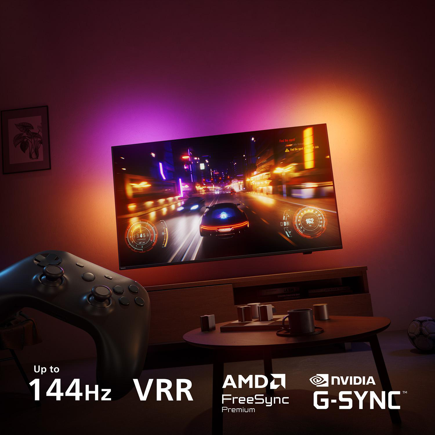 Gaming-Setup mit Controller, TV mit Rennspiel, Umgebungsbeleuchtung und technischen Daten.