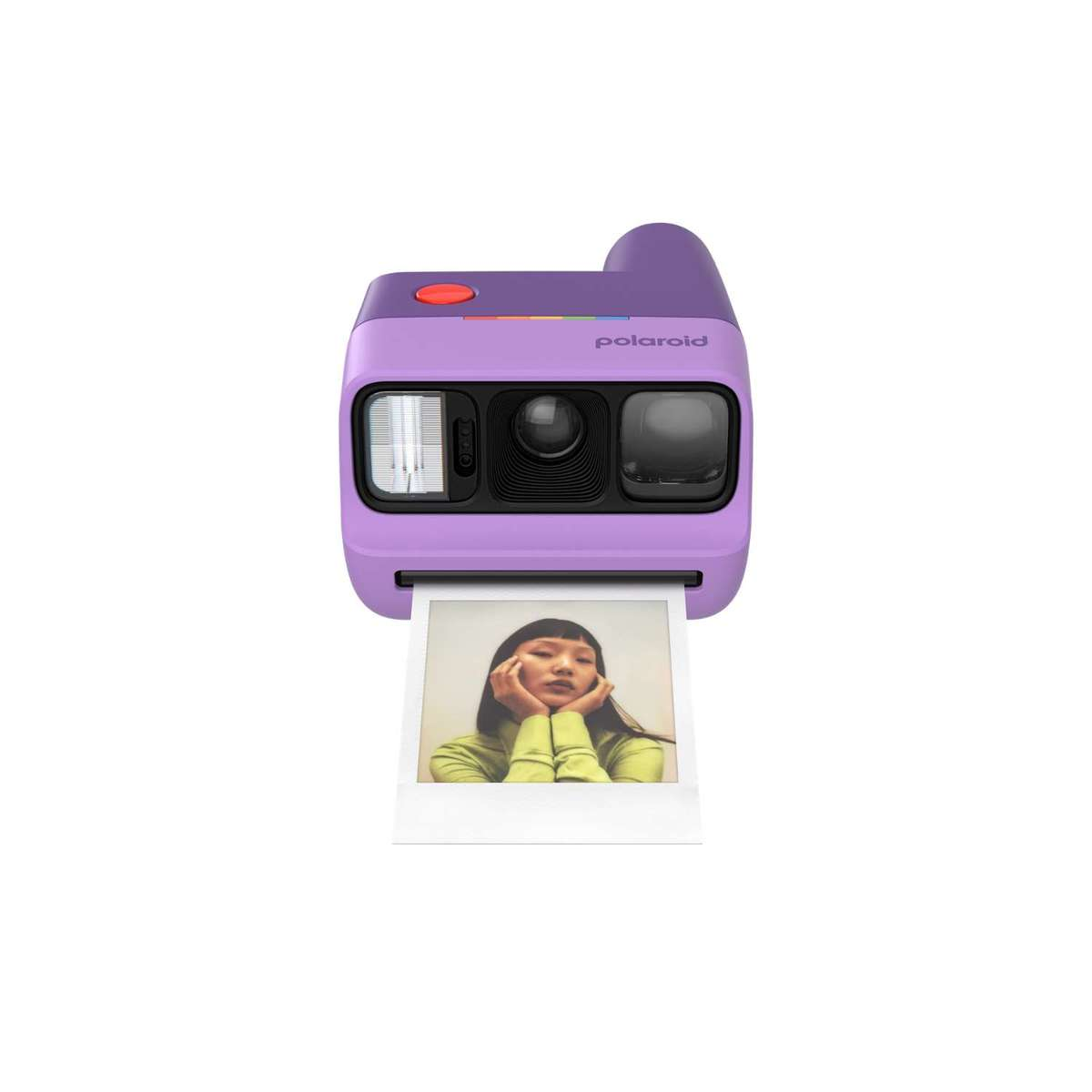 Lila Sofortbildkamera mit einer ausgestrahlten Fotografie einer jungen Frau.