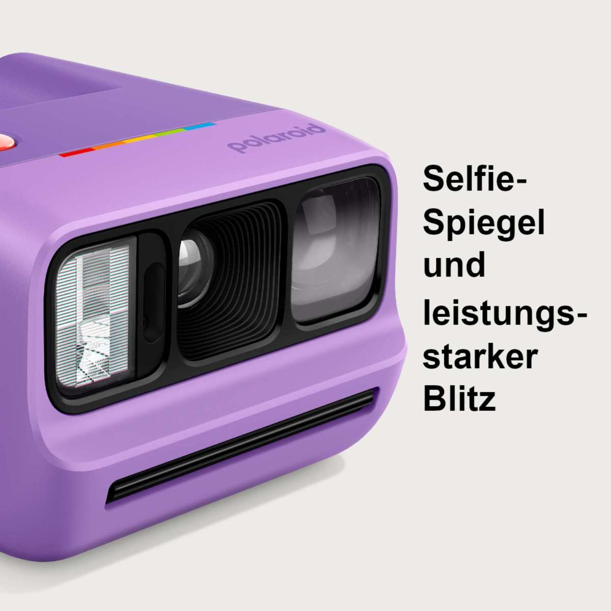 Lila Polaroid-Sofortbildkamera mit Selfie-Spiegel und Blitz.