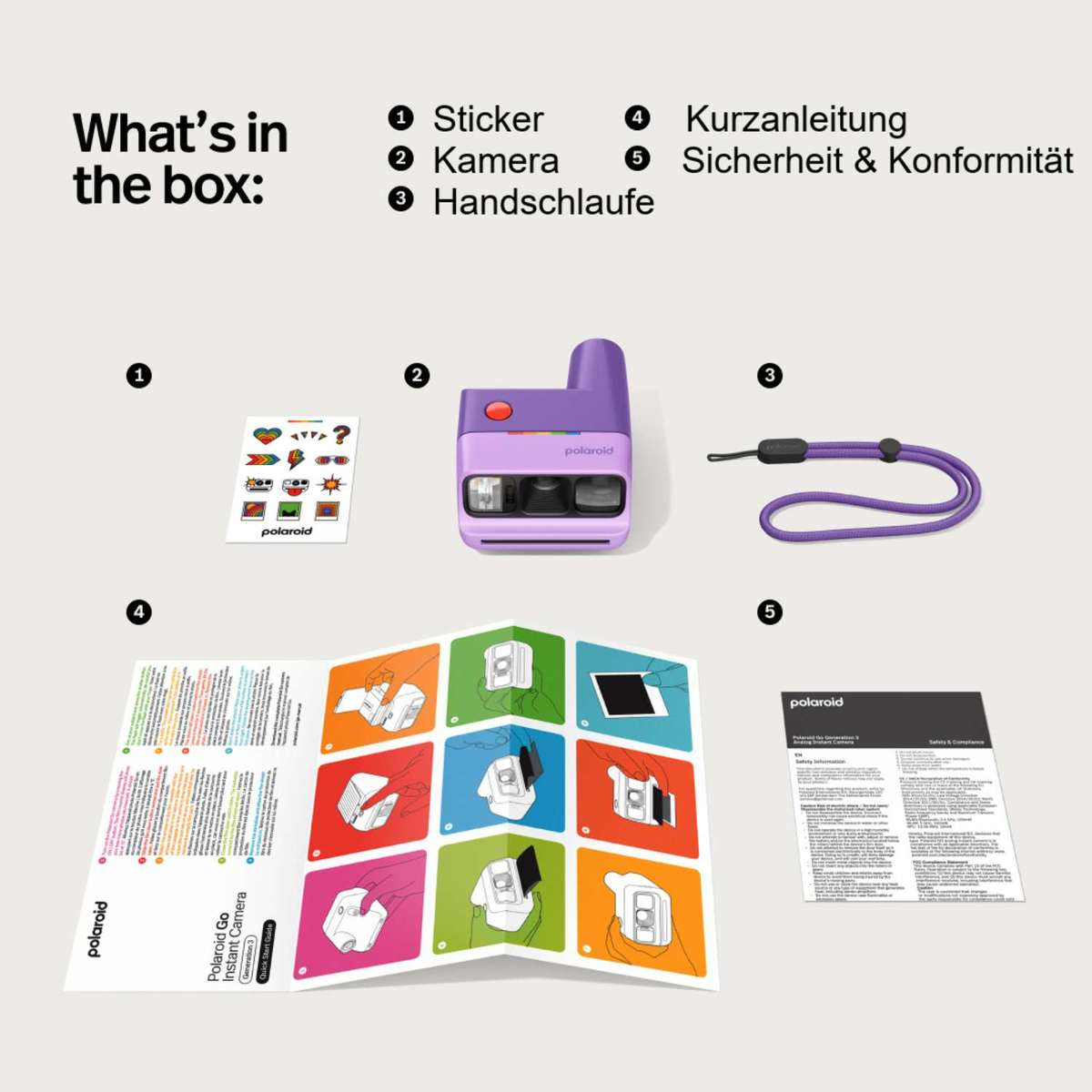 Inhalt der Box: Polaroid Go Kamera, Sticker, Handschlaufe, Anleitung.